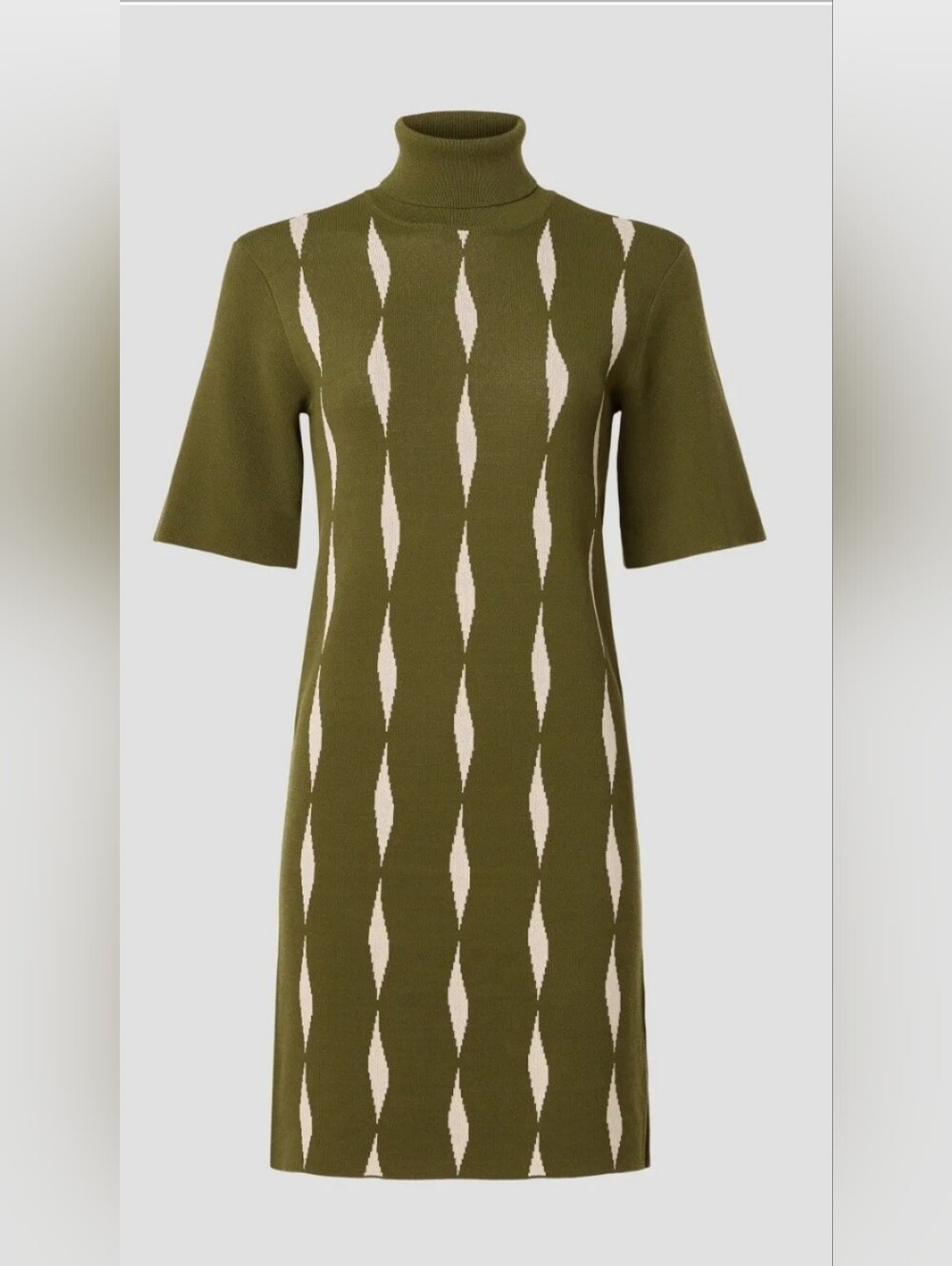 Olive Green Short-Sleeve Turtleneck Knit Dress - Saunders Size Small Excellent C